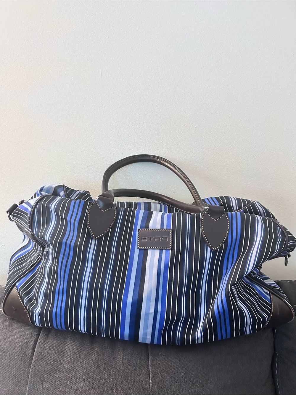 ETRO Milano Weekender Duffle Bag Blue Black White Striped Leather Travel Vintage